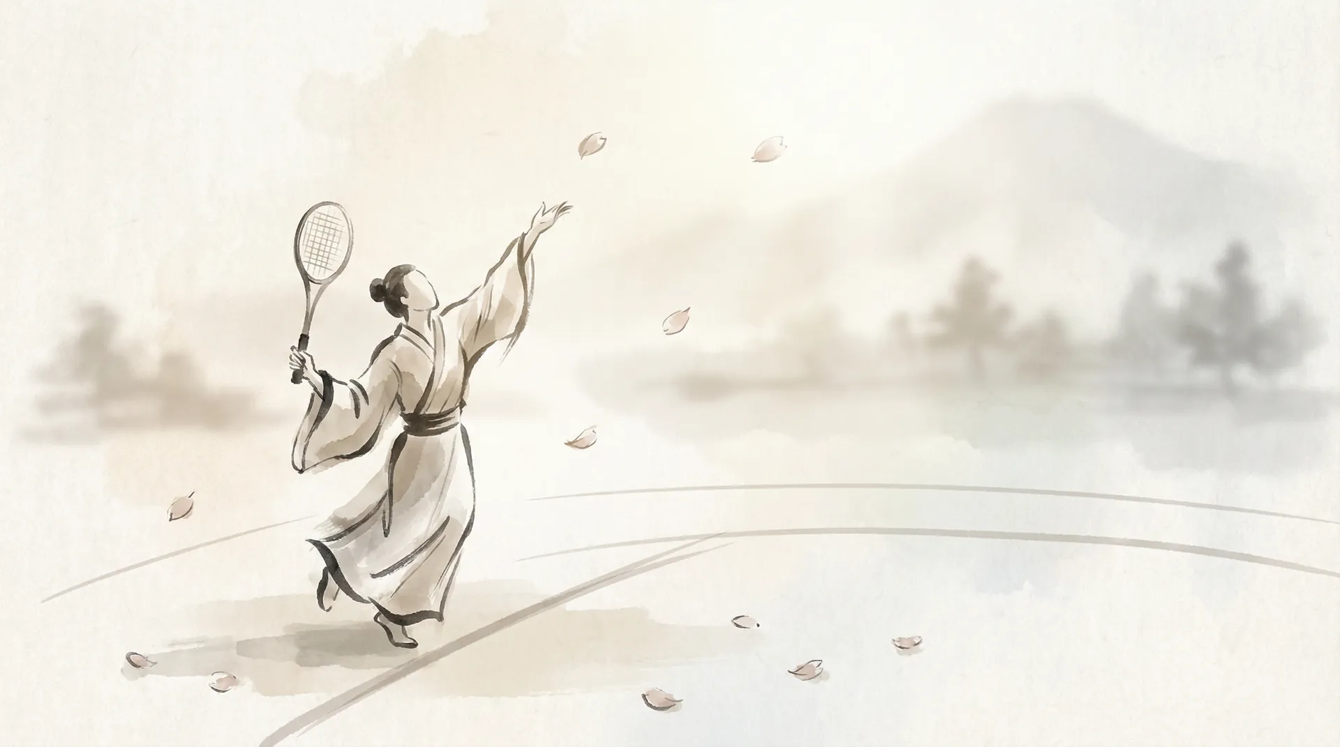 亚洲必赢 网球赛事 樱花飘落球场水墨画